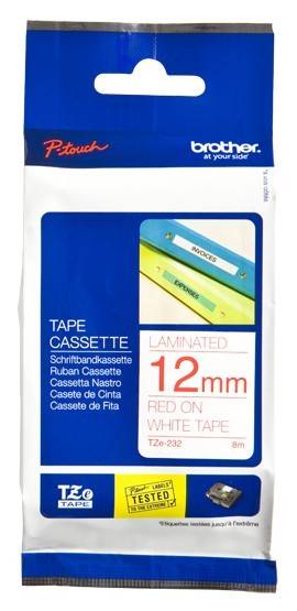 Cinta Brother Tze232 Texto Rojo Sobre Fondo Blanco 12Mm X 8Mts. - TZE232