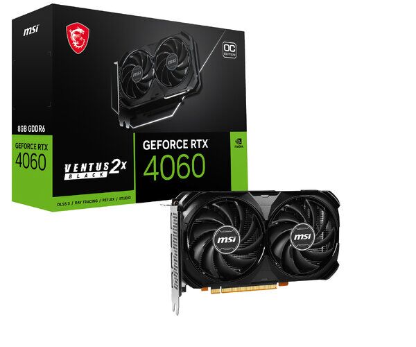 Tarjeta de Video MSI GeForce RTX 4060 VENTUS 2X BLACK 8G OC - 8GB - 128-bit - PCI-E 4.0 - GDDR6 - HDMI - DisplayPort - RTX 4060 VENTUS 2X BLACK 8G OC